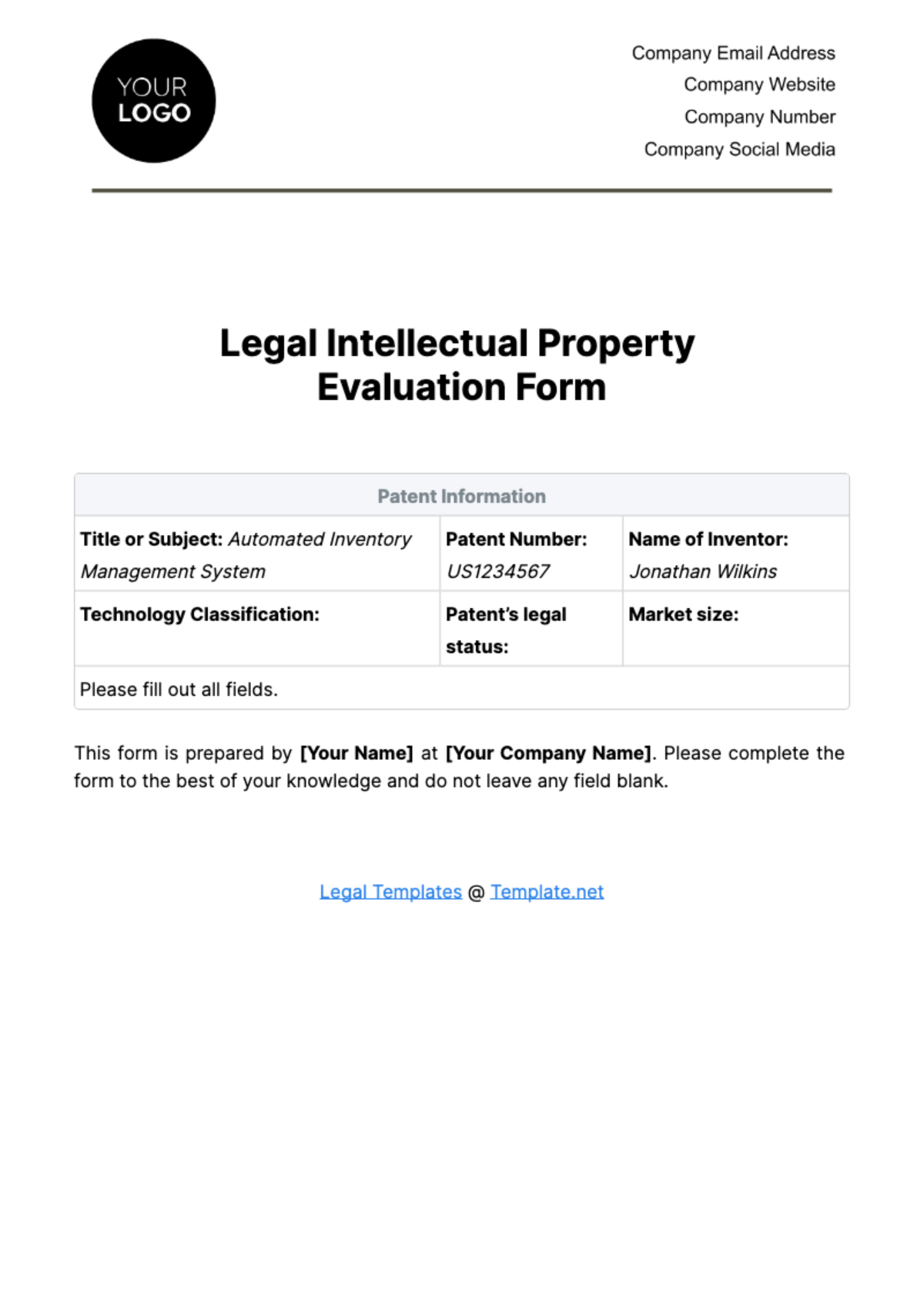 Legal Intellectual Property Evaluation Form Template - Edit Online & Download