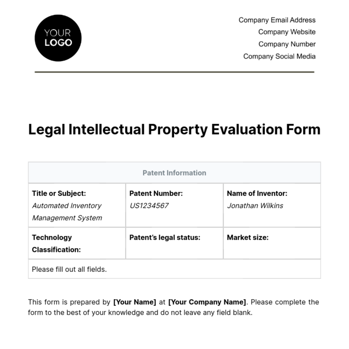 Legal Intellectual Property Evaluation Form Template