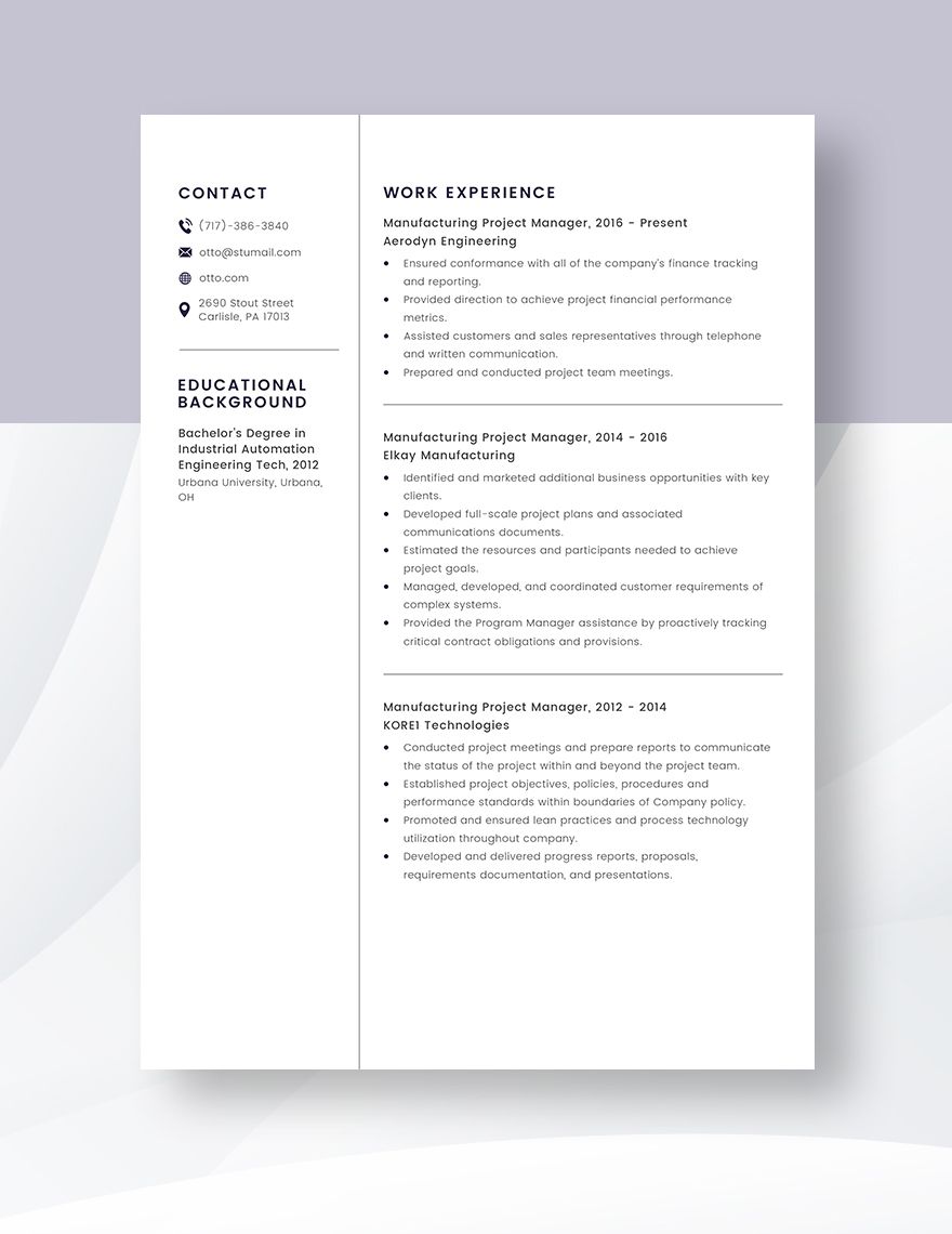 Manufacturing Project Manager Resume