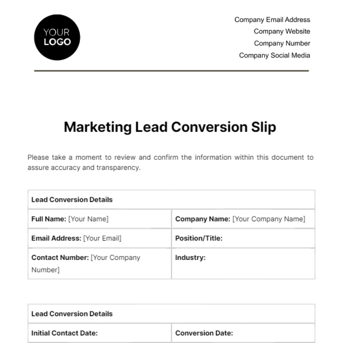 Marketing Lead Conversion Slip Template