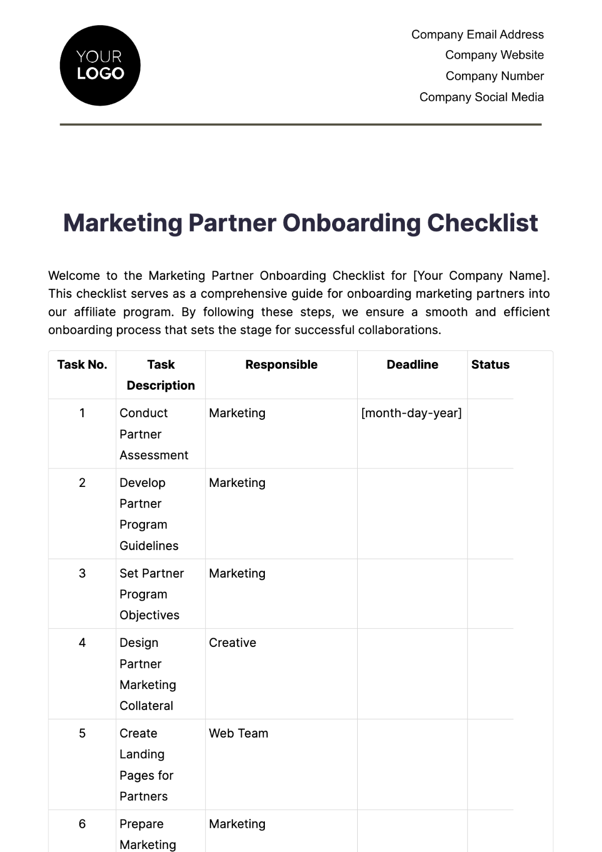 Marketing Partner Onboarding Checklist Template - Edit Online & Download