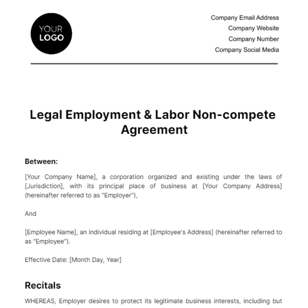 Free Legal Employment & Labor Non-compete Agreement Template