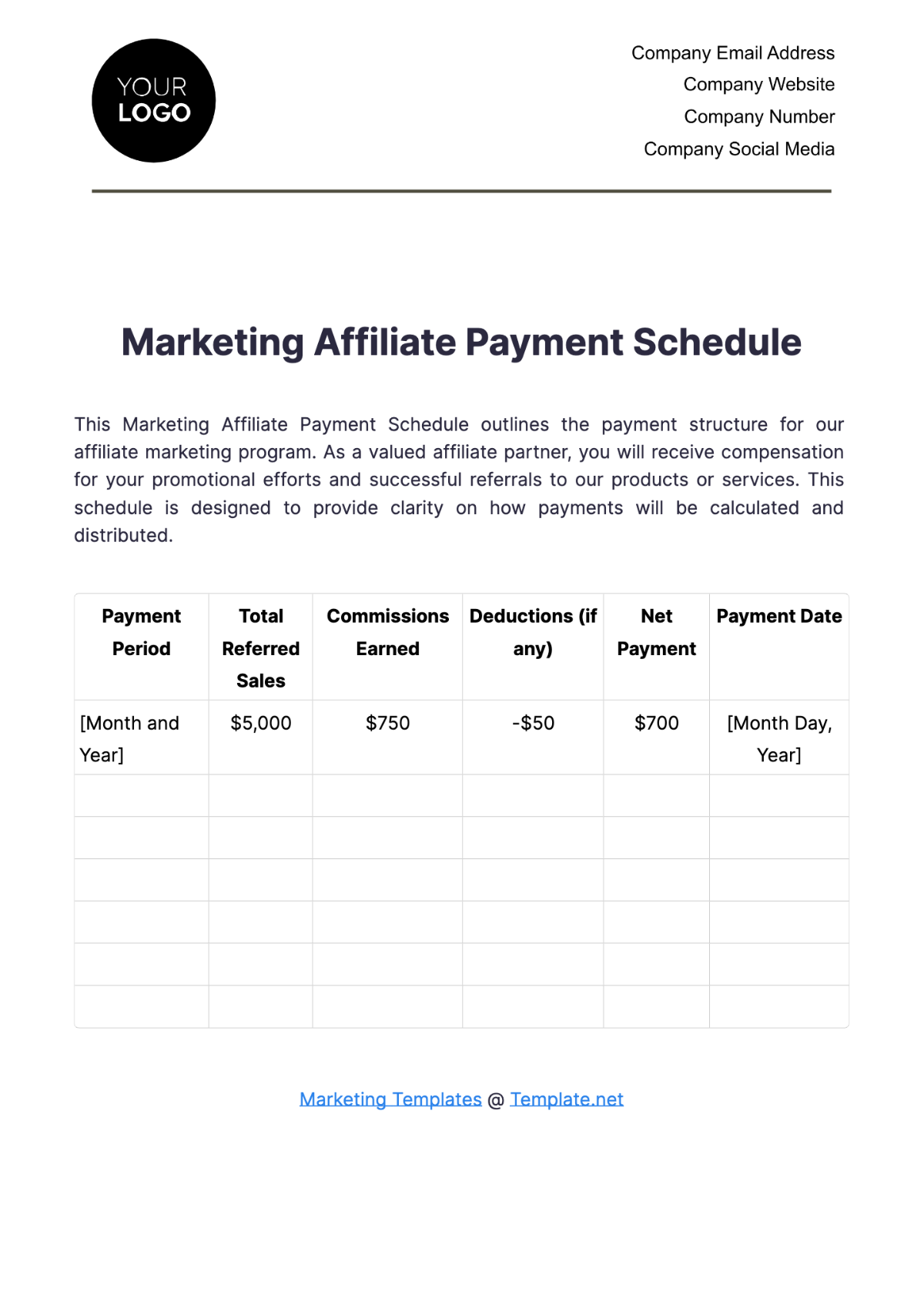 Marketing Affiliate Payment Schedule Template - Edit Online & Download