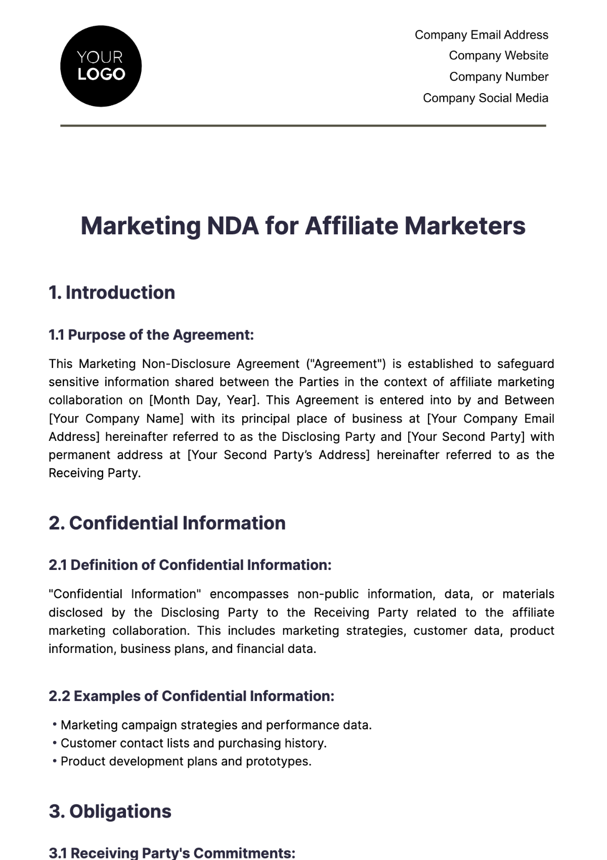 Marketing NDA for Affiliate Marketers Template - Edit Online & Download