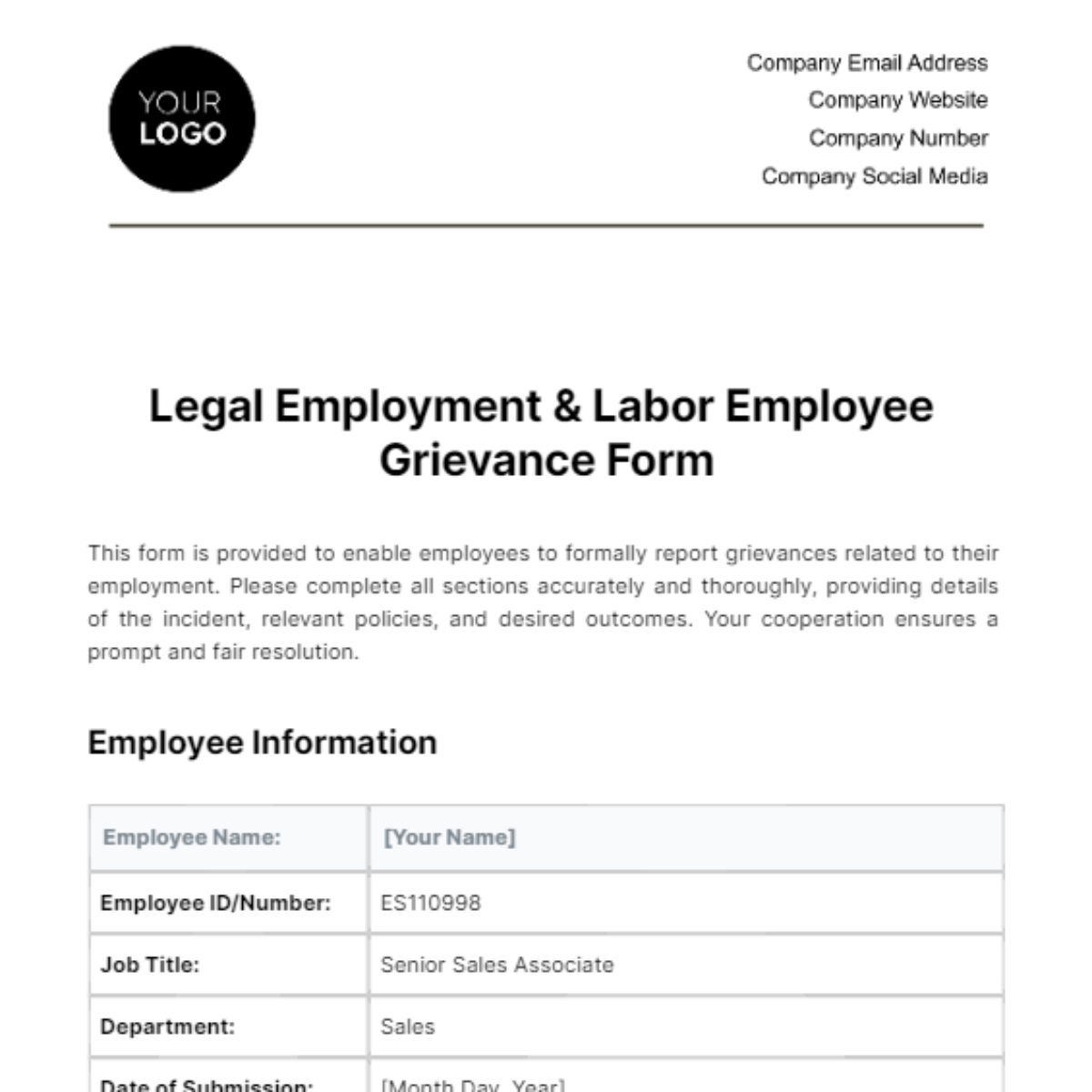 Legal Employment & Labor Employee Grievance Form Template