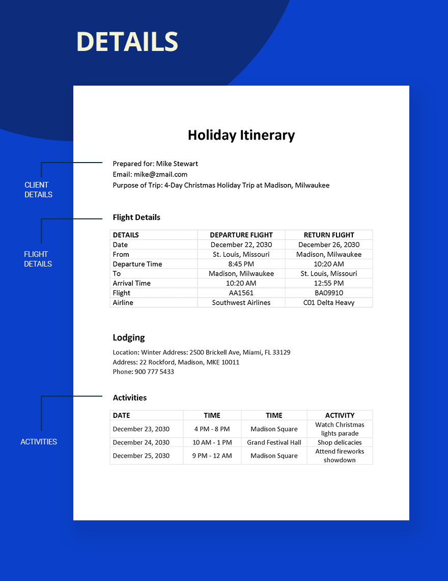 Holiday Itinerary Template