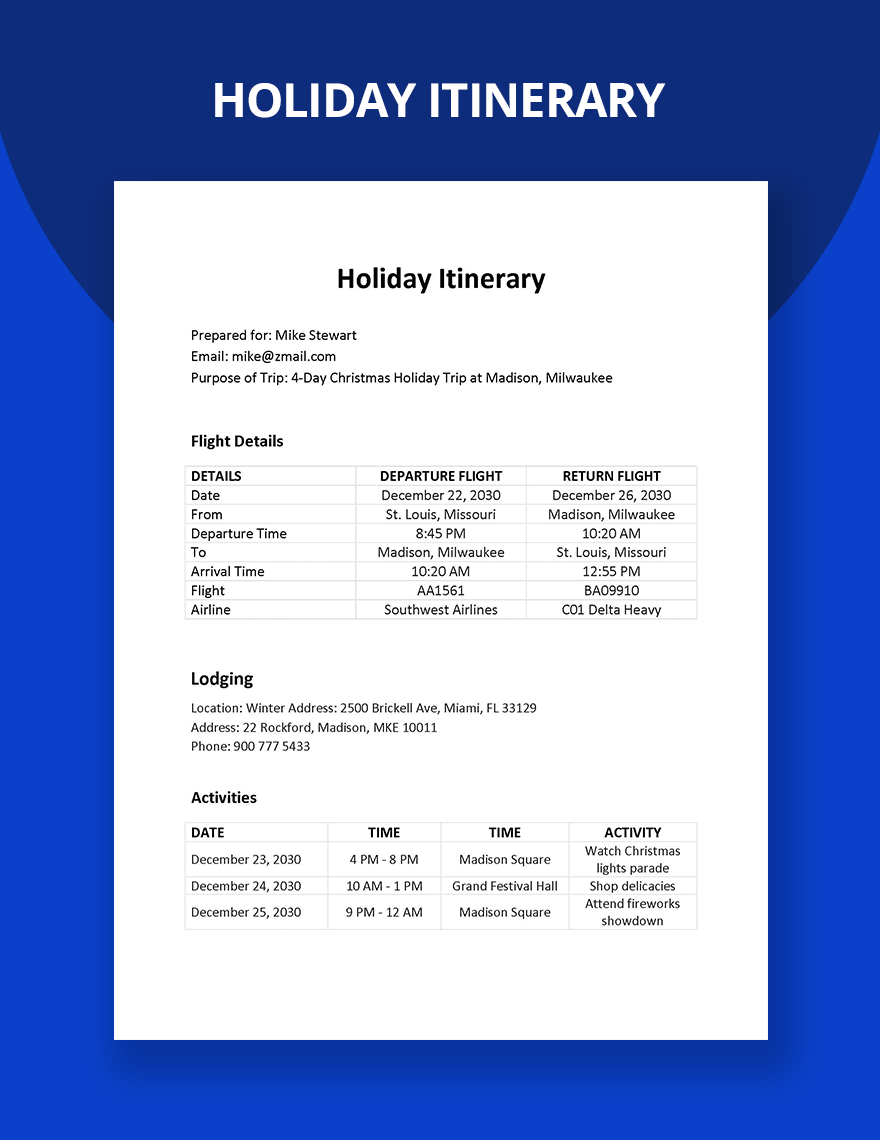 Holiday Itinerary Template