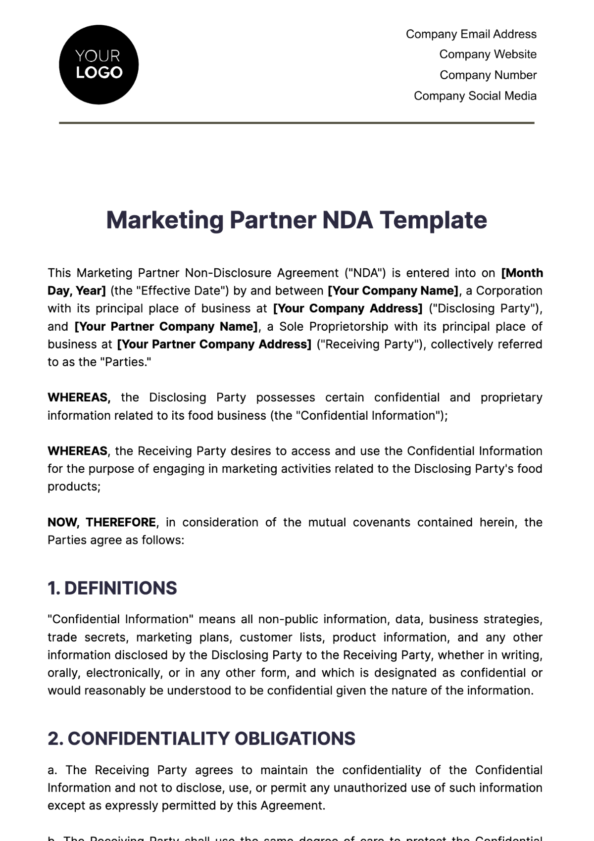 Marketing Partner NDA Template - Edit Online & Download