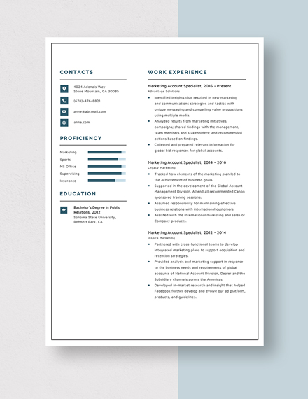 Marketing Account Specialist Resume Template