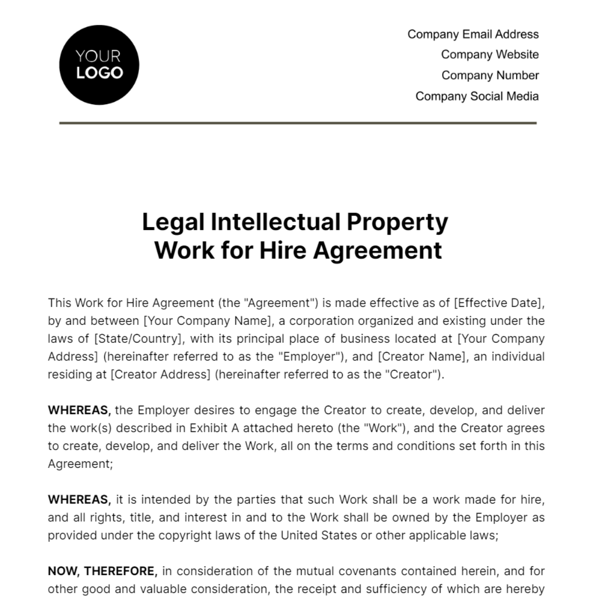 Legal Intellectual Property Work for Hire Agreement Template