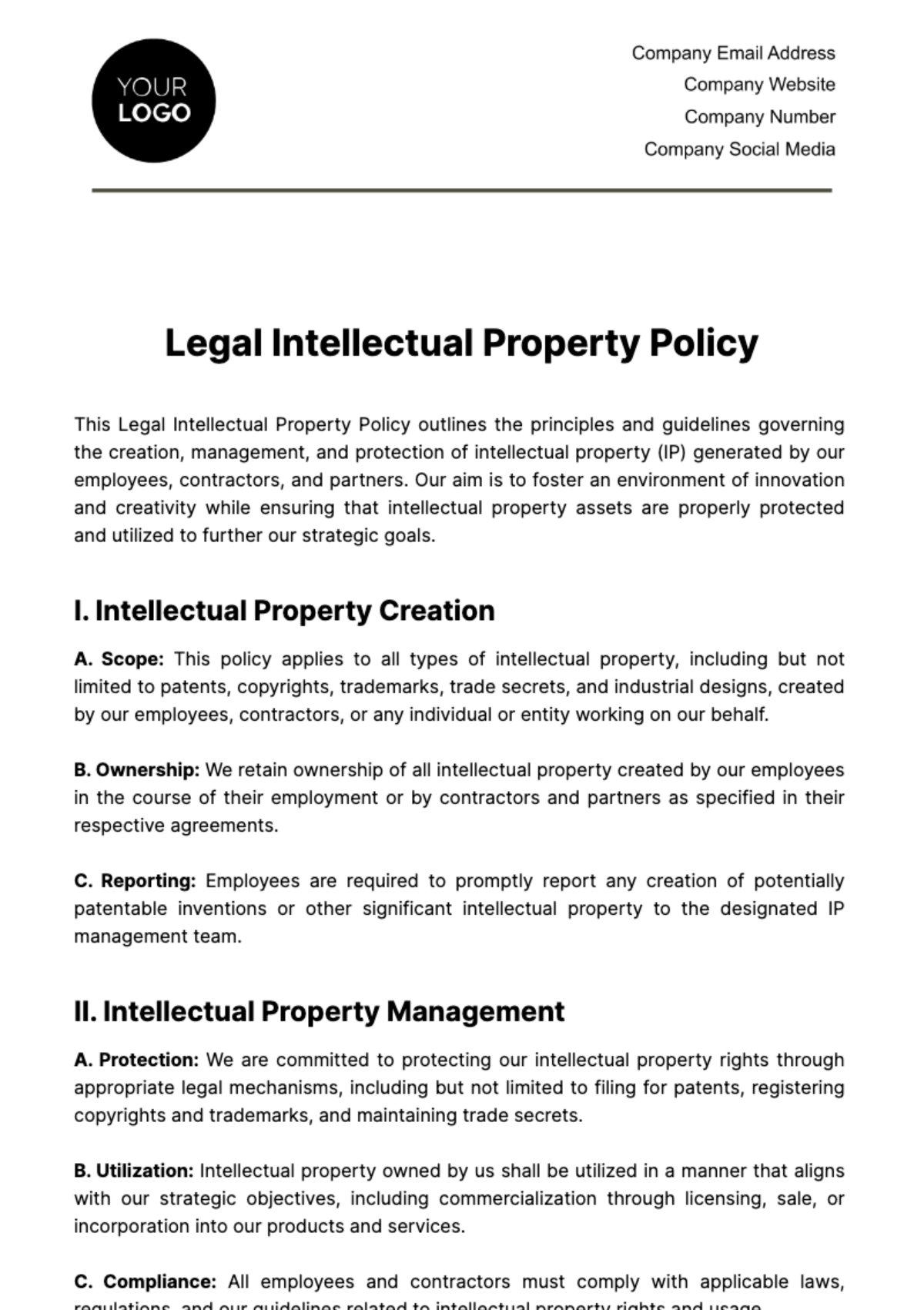 Legal Intellectual Property Policy Template - Edit Online & Download