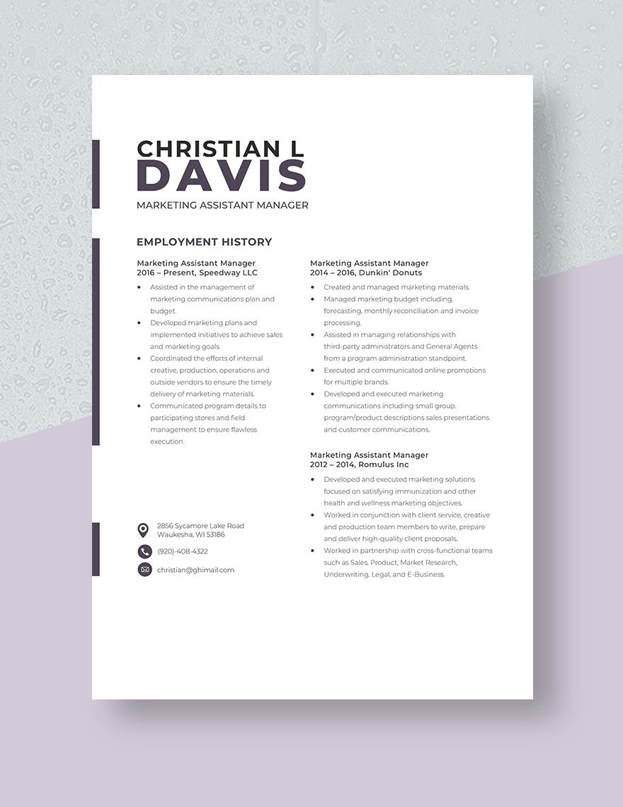 Marketing Assistant Manager Resume
