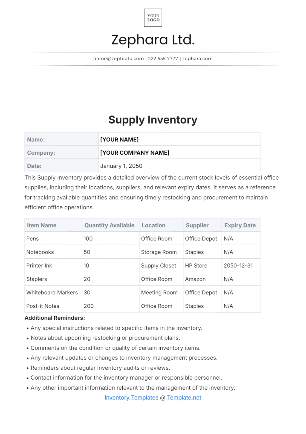 Blank Supply Inventory Template