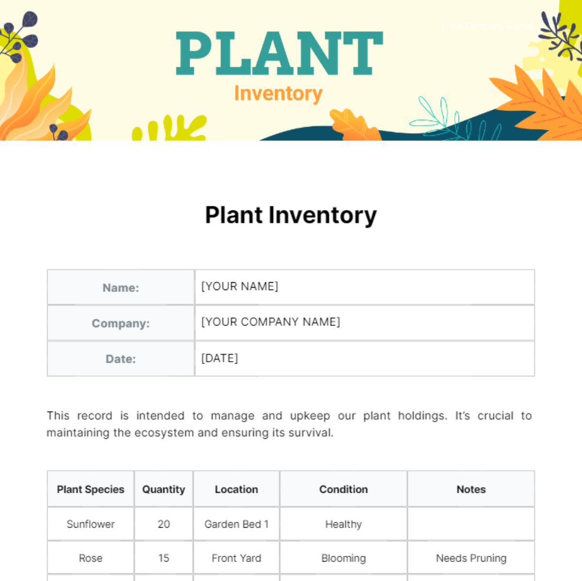Plant Inventory Template