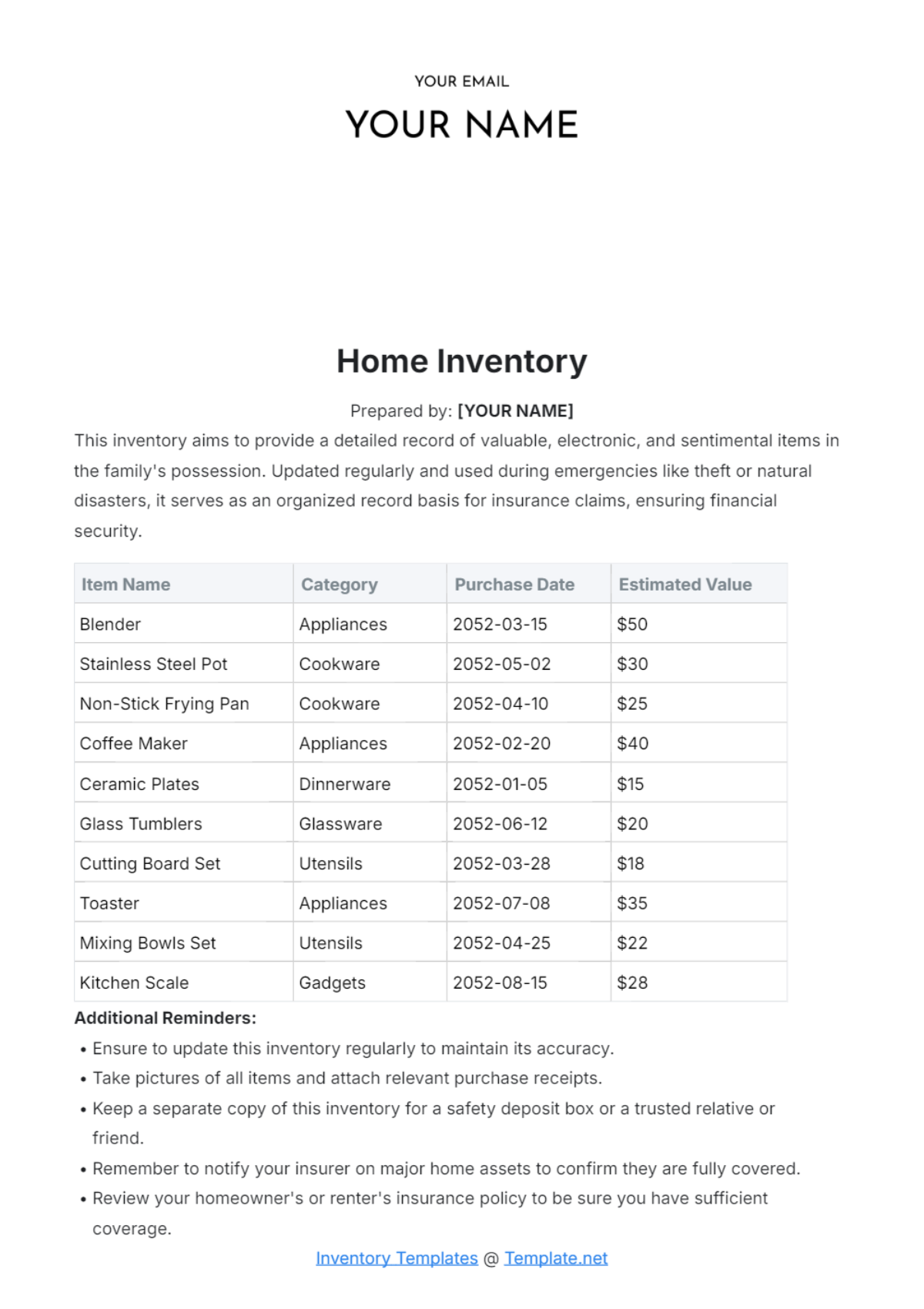 Home Inventory Template