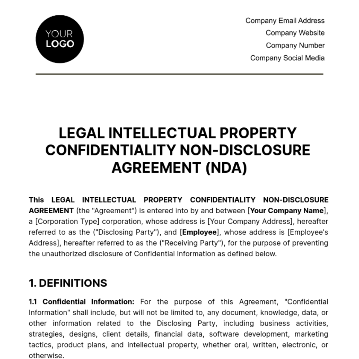 Legal Intellectual Property Confidentiality (NDA) Template