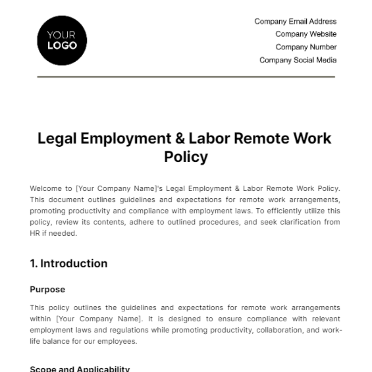 Legal Employment & Labor Remote Work Policy Template