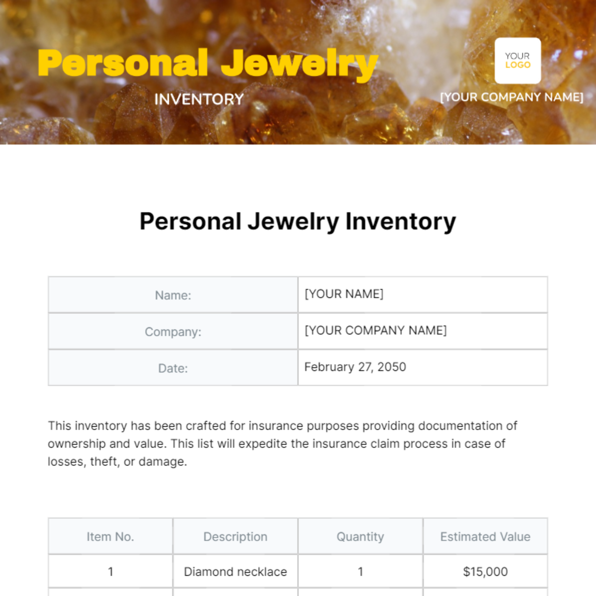 Personal Jewelry Inventory Template