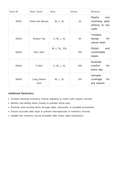 Free Shirt Inventory Template to Edit Online