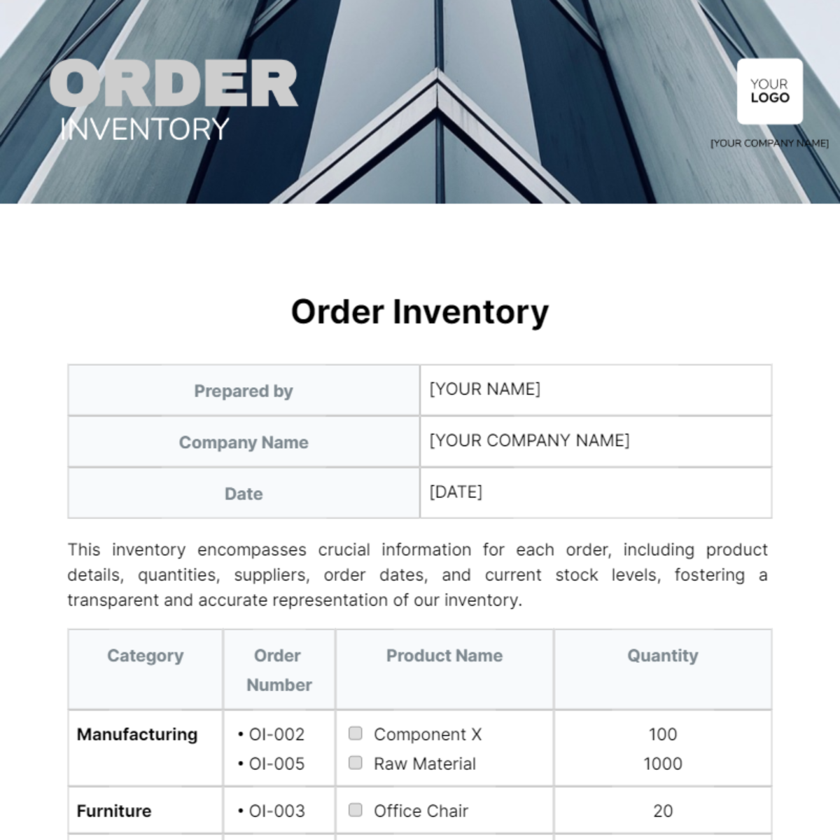 Order Inventory Template