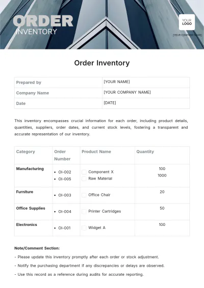 Free Order Inventory Template to Edit Online
