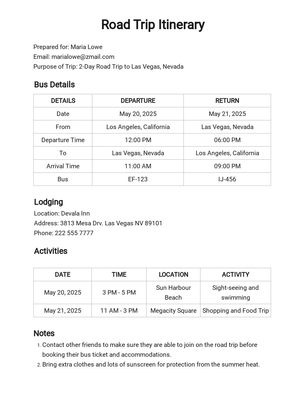 road trip travel itinerary template