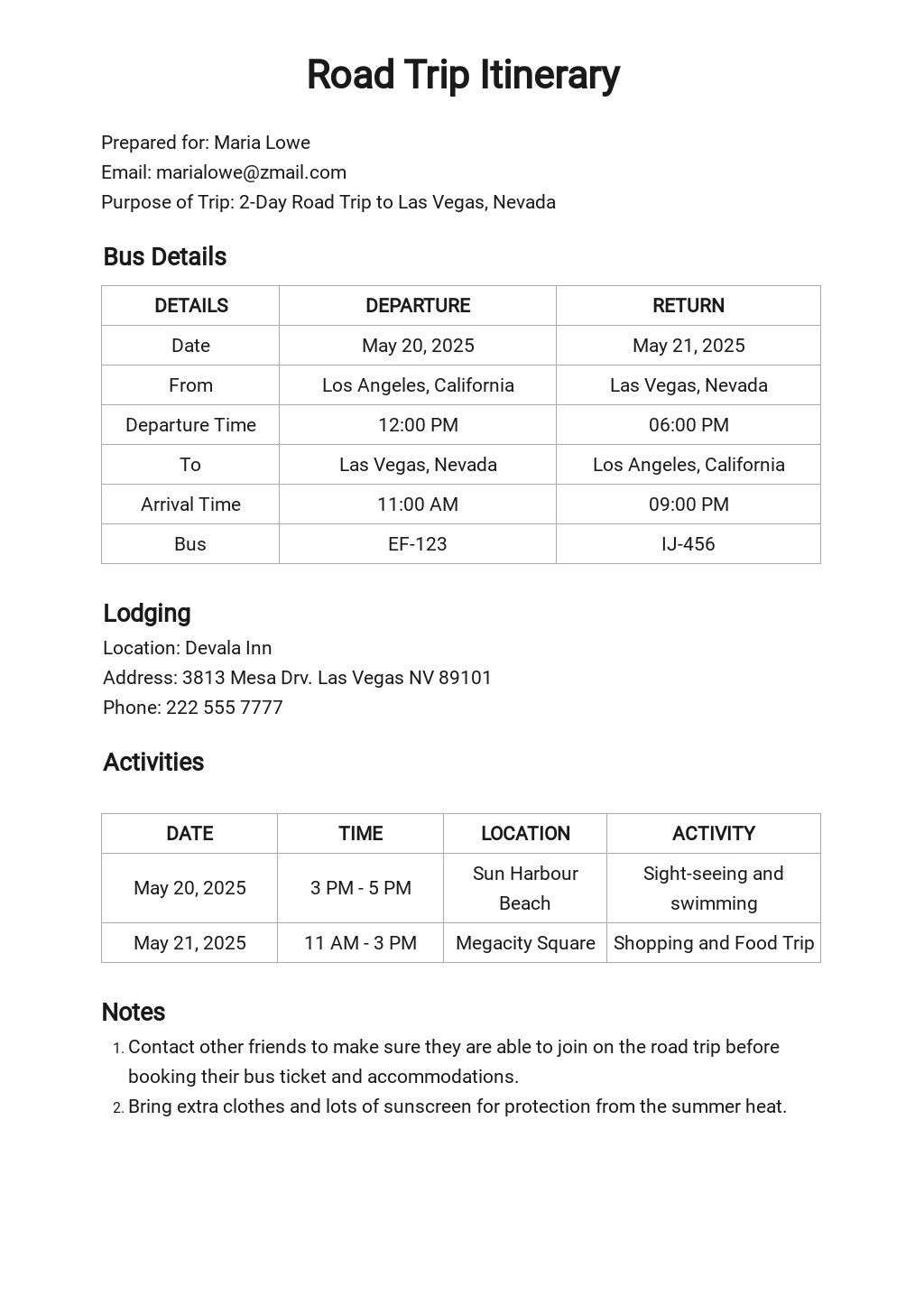 free road trip itinerary template