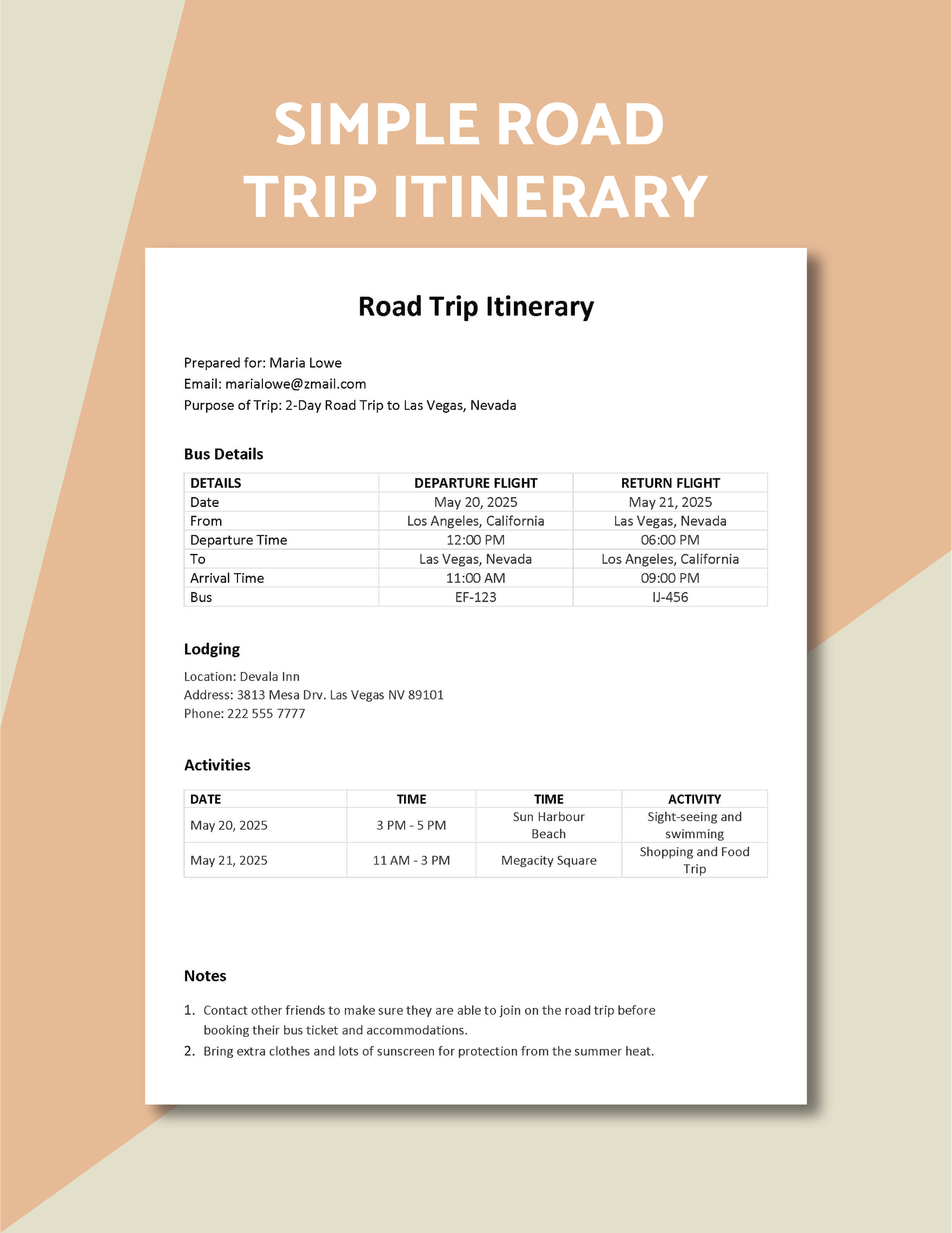 Simple Road Trip Itinerary Template
