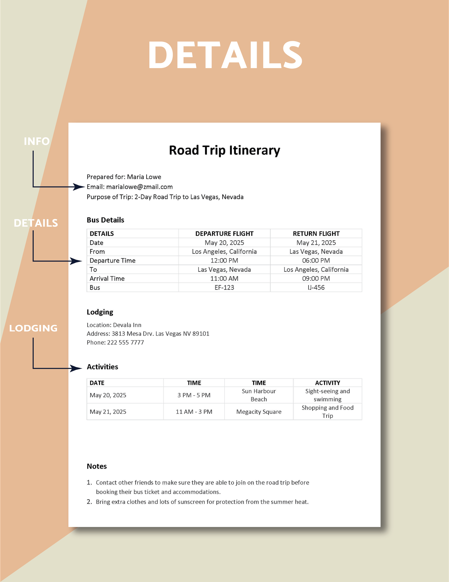 Simple Road Trip Itinerary Template