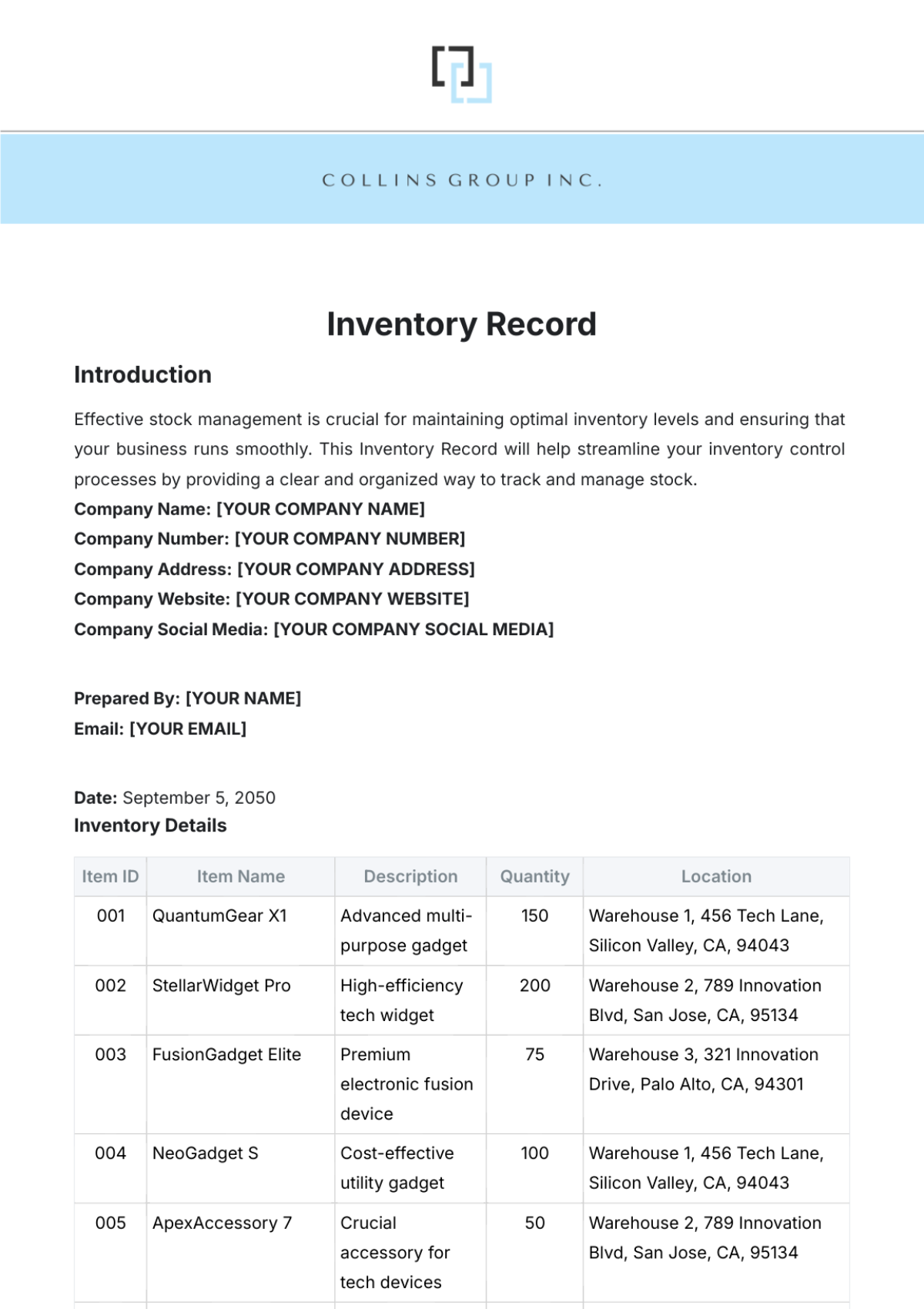 Inventory Record Template