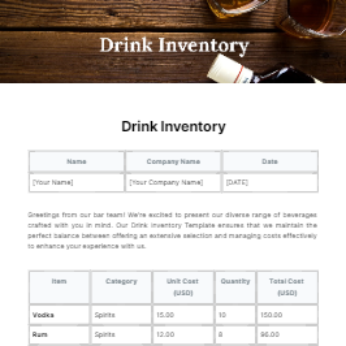 Drink Inventory Template