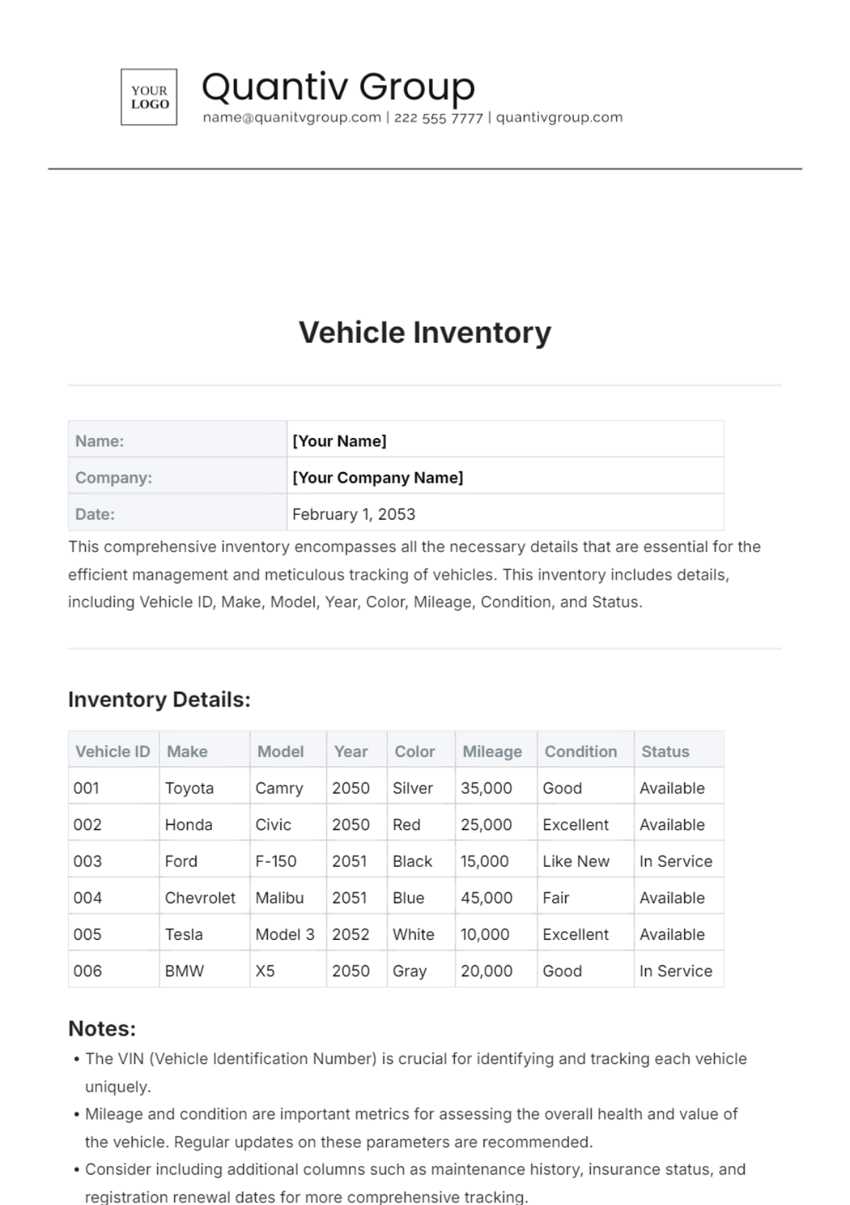 Vehicle Inventory Template