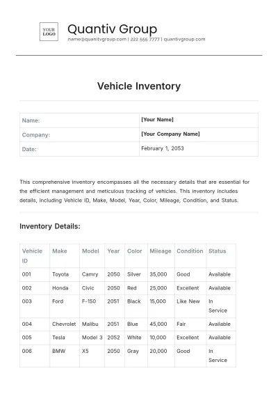Free Vehicle Inventory Template to Edit Online