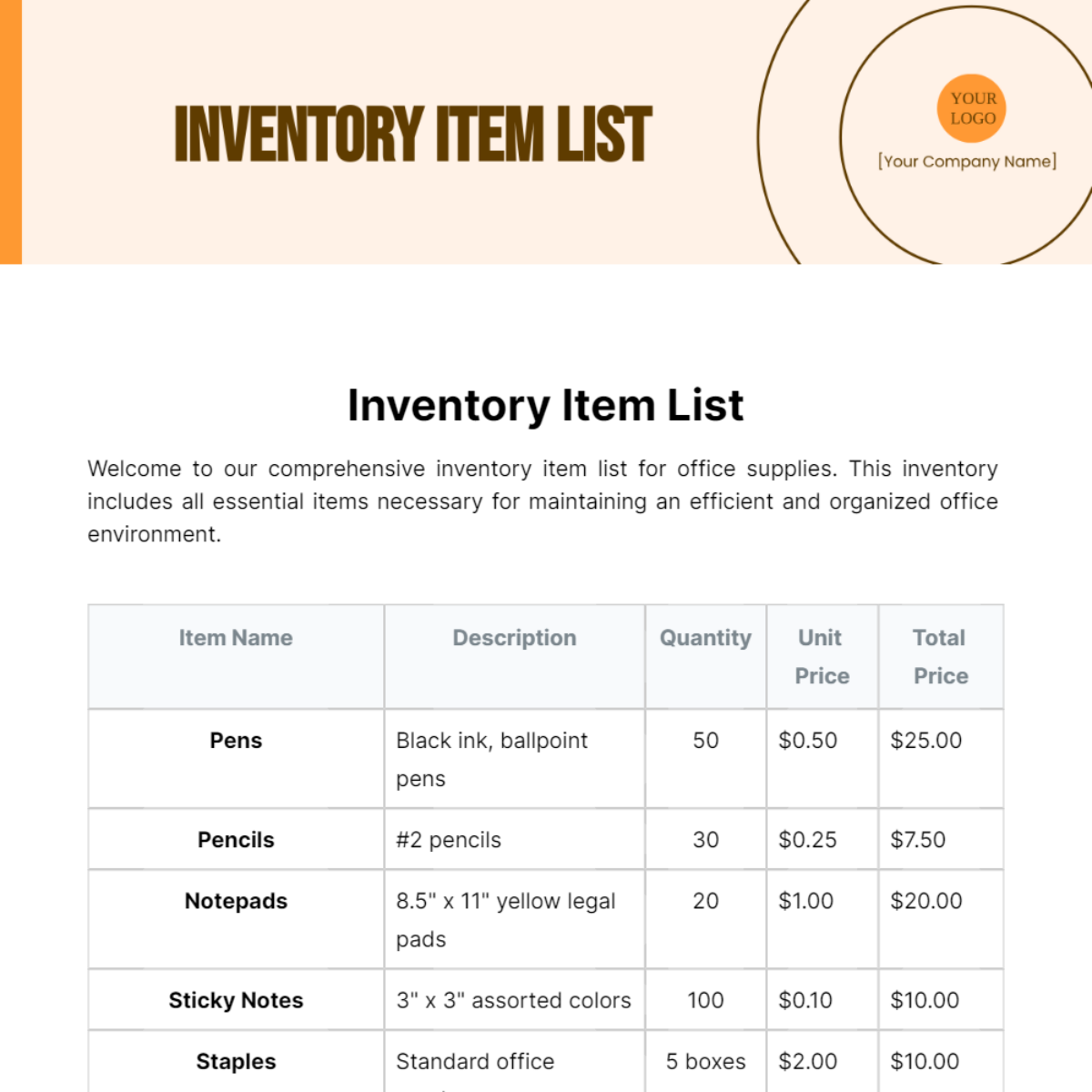 Inventory Item List Template