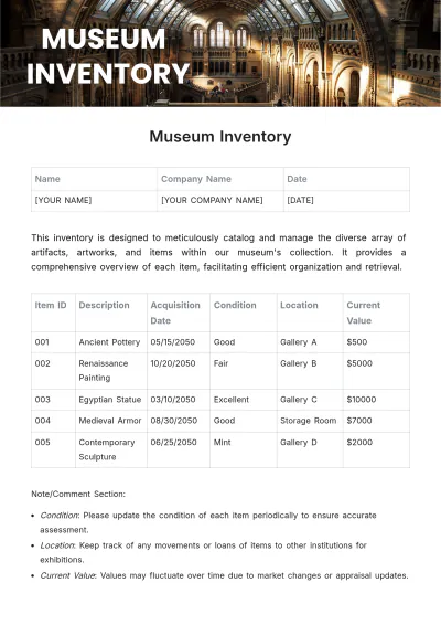Free Museum Inventory Template to Edit Online