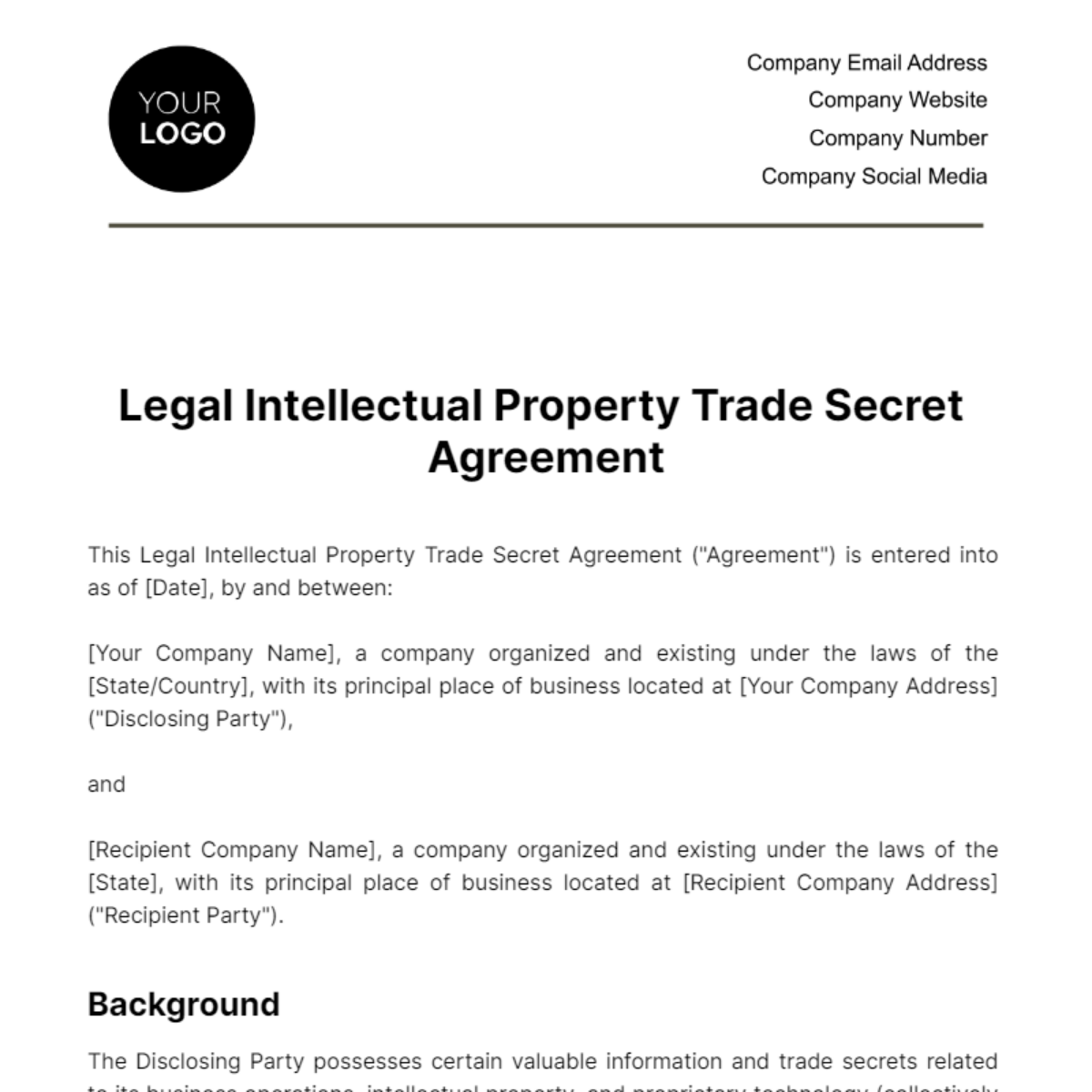 Free Legal Intellectual Property Trade Secret Agreement Template