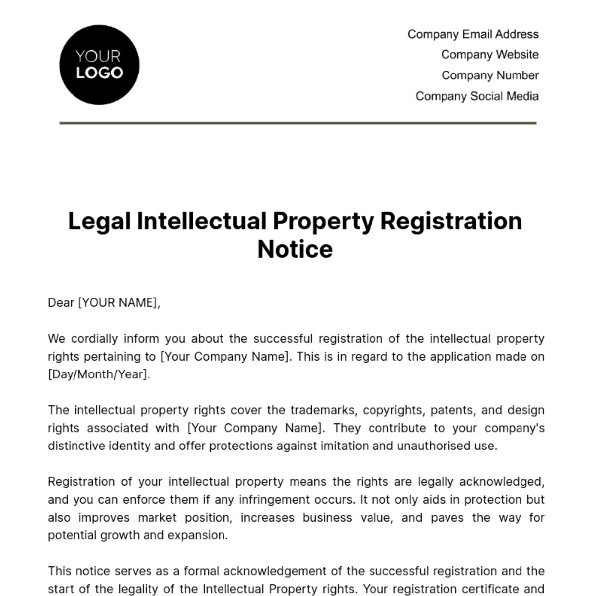 Free Legal Intellectual Property Registration Notice Template