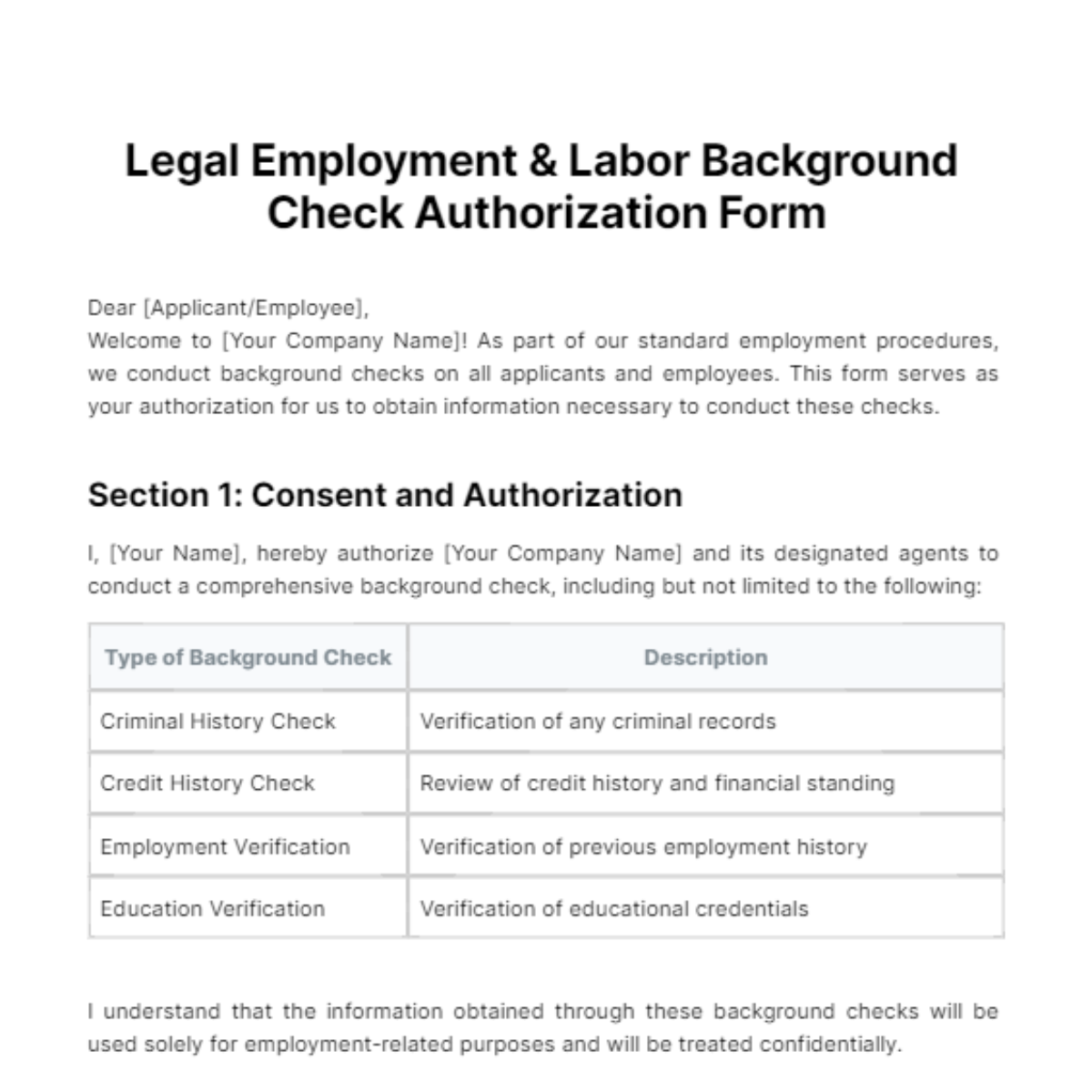 Legal Employment & Labor Background Check Authorization Form Template
