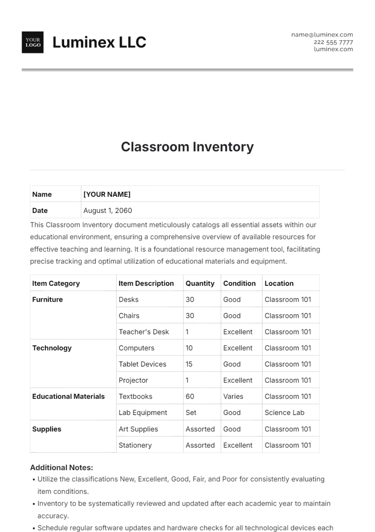 Classroom Inventory Design Template