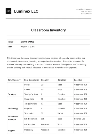 Free Classroom Inventory Design Template to Edit Online