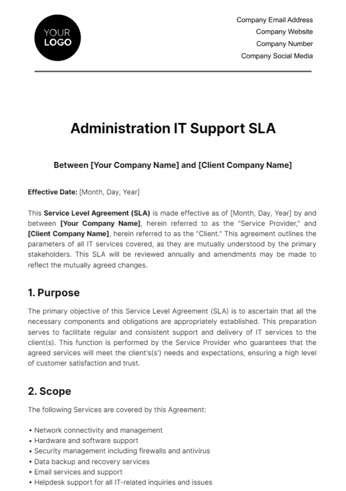 Free Administration IT Support SLA Template