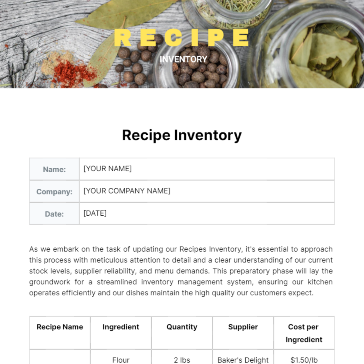 Recipes Inventory Template