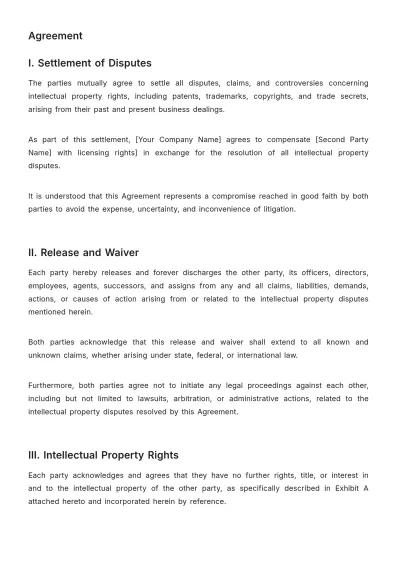 Free Legal Intellectual Property Settlement Agreement Template to Edit Online