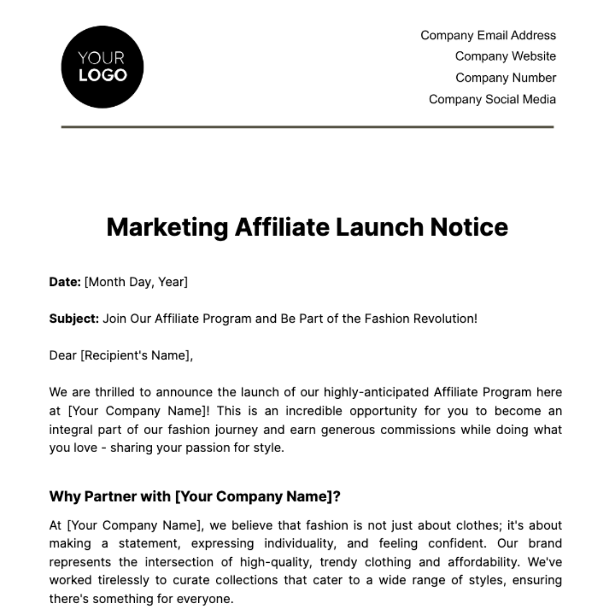 Marketing Affiliate Launch Notice Template