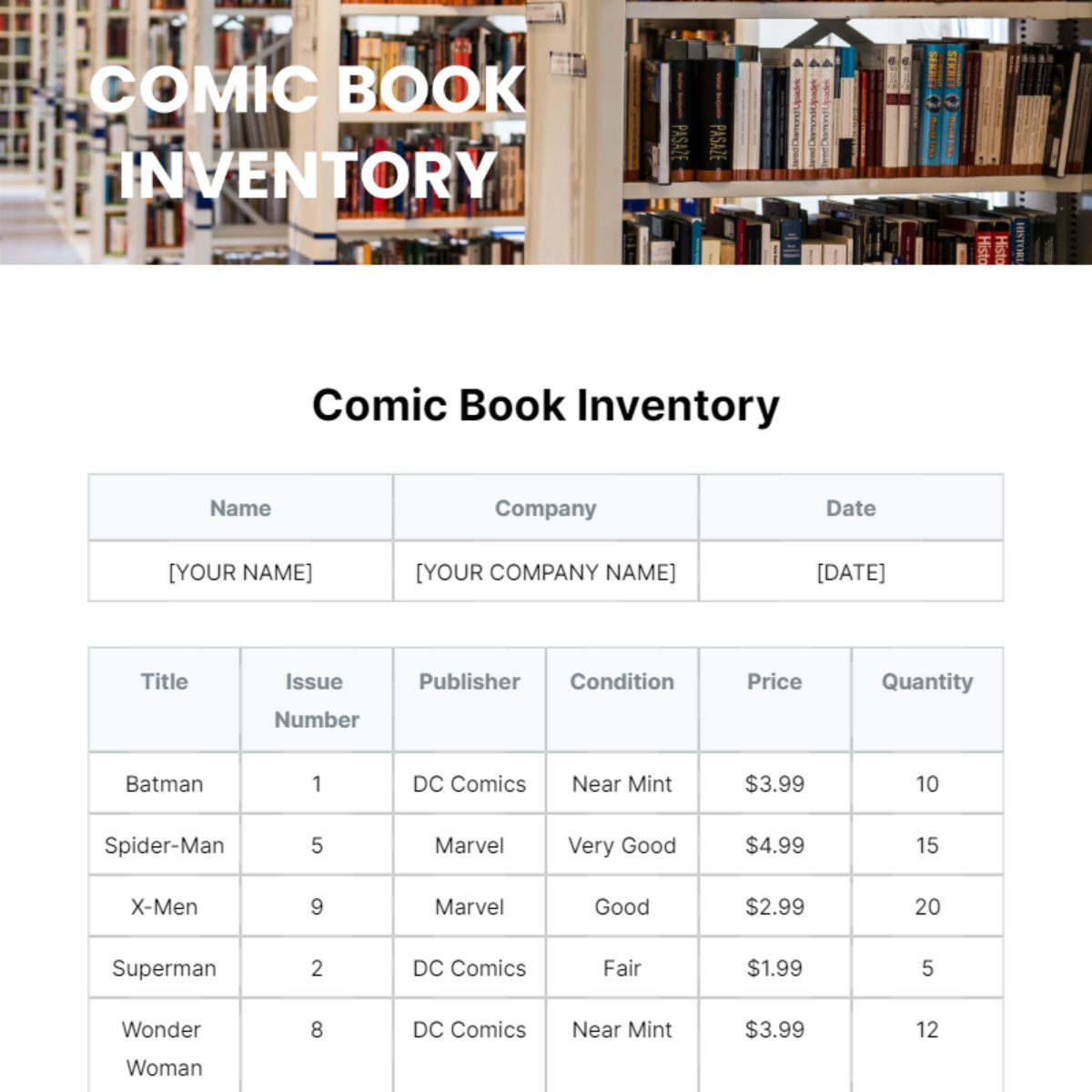 Comic Book Inventory Template