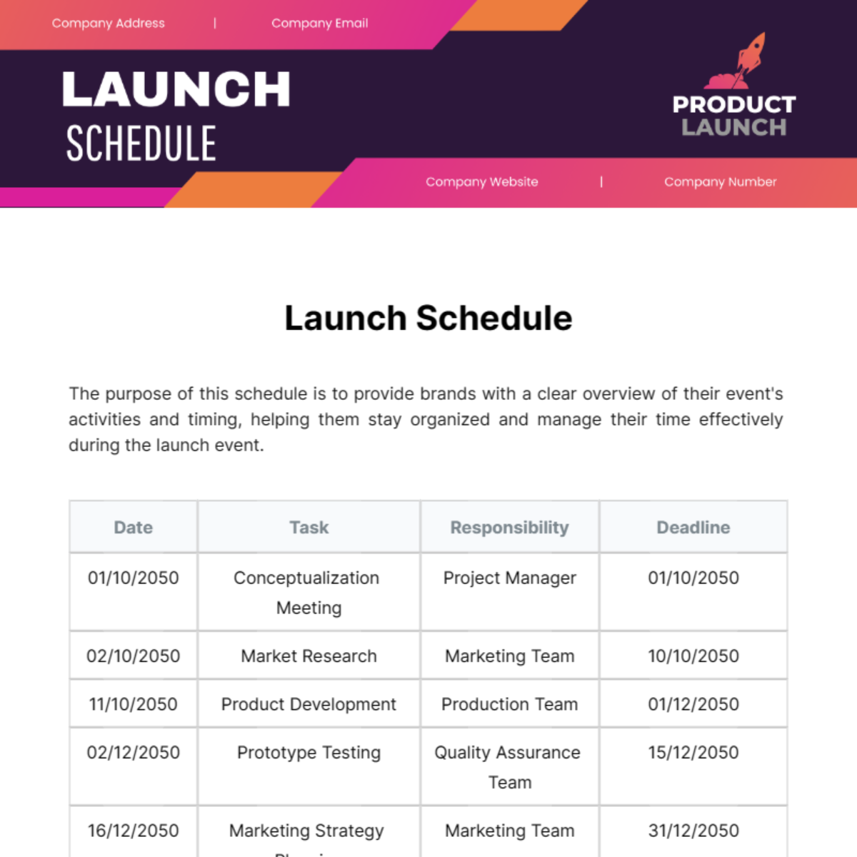 Launch Schedule Template