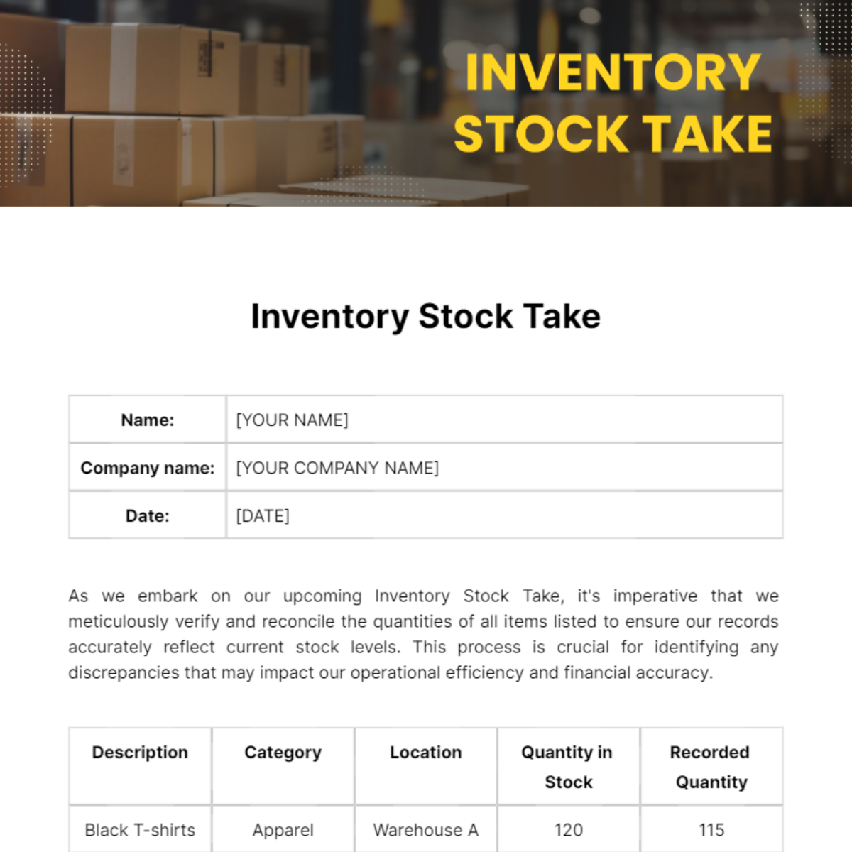 Inventory Stock Take Template
