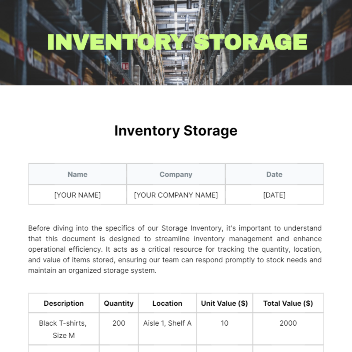 Inventory Storage Template