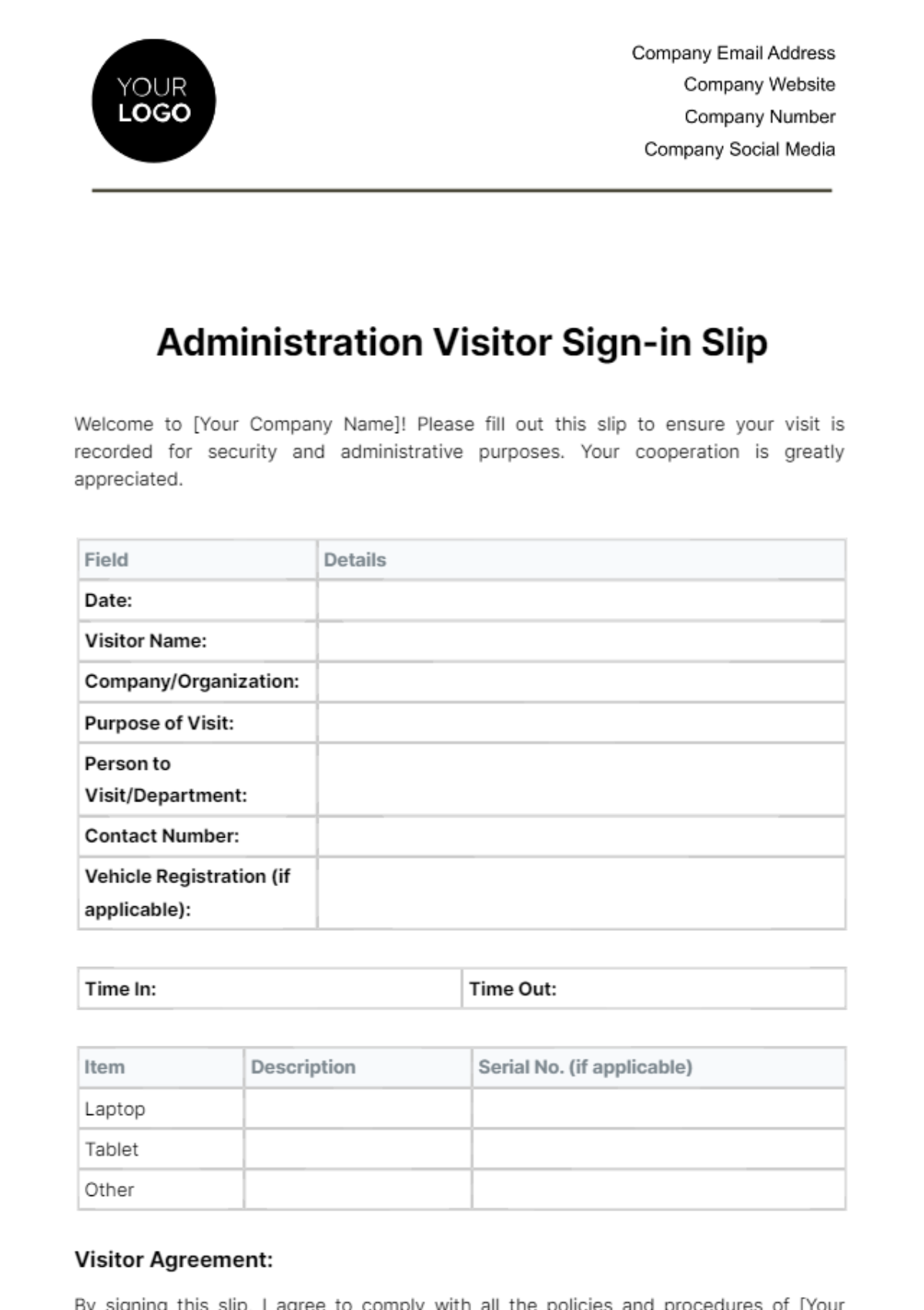 Administration Visitor Sign-in Slip Template