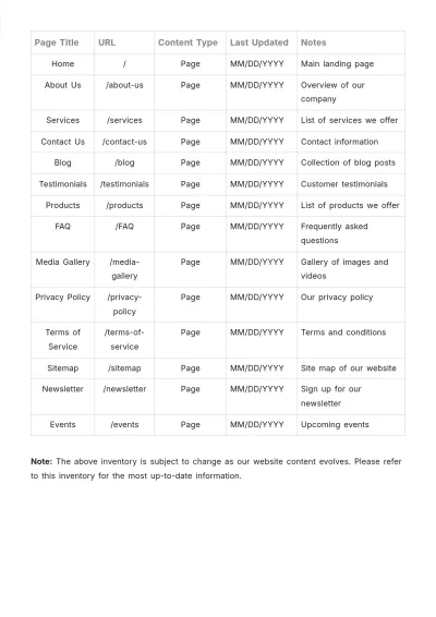 Free Website Content Inventory Template to Edit Online